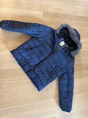Calvin Klein Jeans Men’s XL Navy Puffer with Faux Fur Trimmed Hood